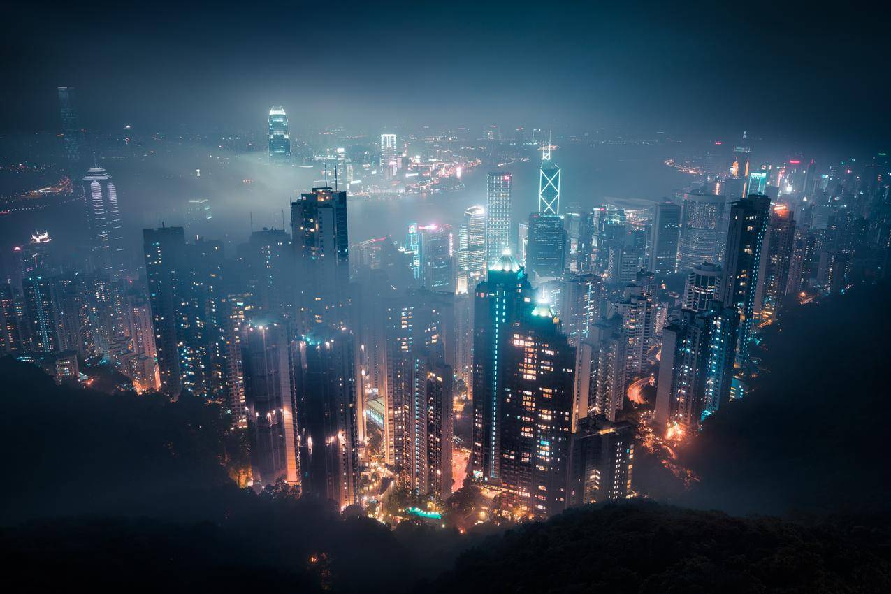 城市风光,雾霭,夜晚,香港