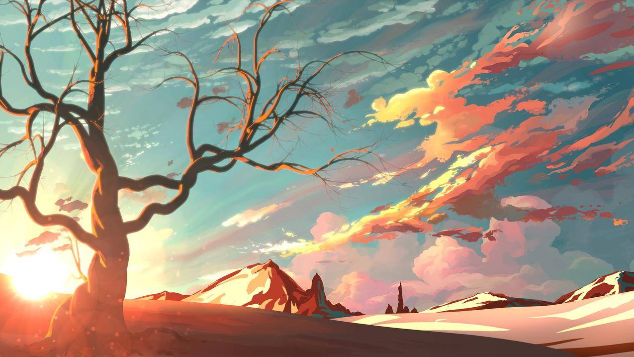 艺术品,风景,天空,山脉,自然,树木,雪,云,日落,数字艺术,插图
