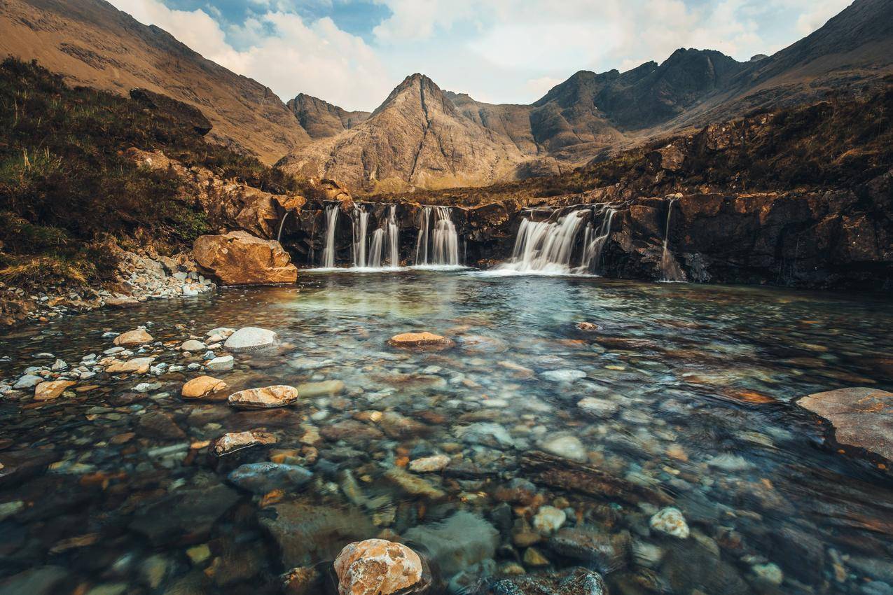 仙境池,FairyPools,Skye,苏格兰,水,山,瀑布,长曝光