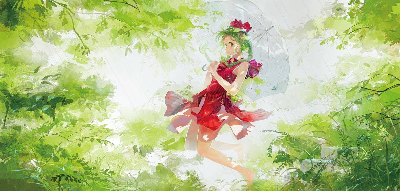 绿头发,伞,动漫,KagiyamaHina,Touhou,雨,动漫
