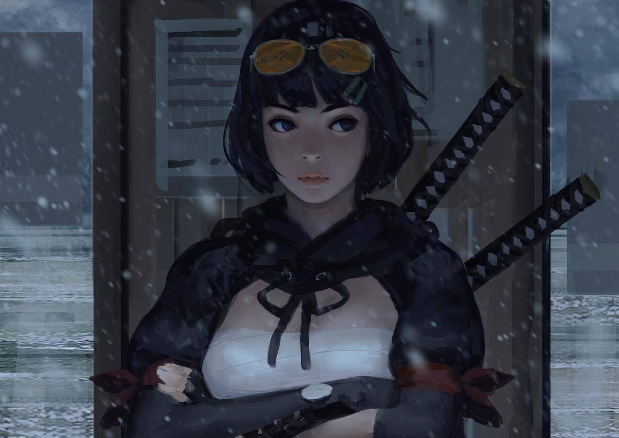 GUWEIZ,妇女,武士,武士,武士刀,眼镜,冬​​季,下雪,独自ZWGu,animegirls,动漫