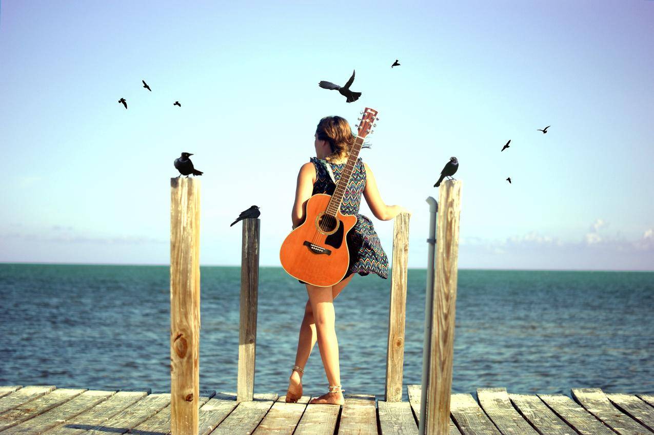 女人,女人户外,赤脚,大海,吉他,天空,鸟,动物,地平线,乐器