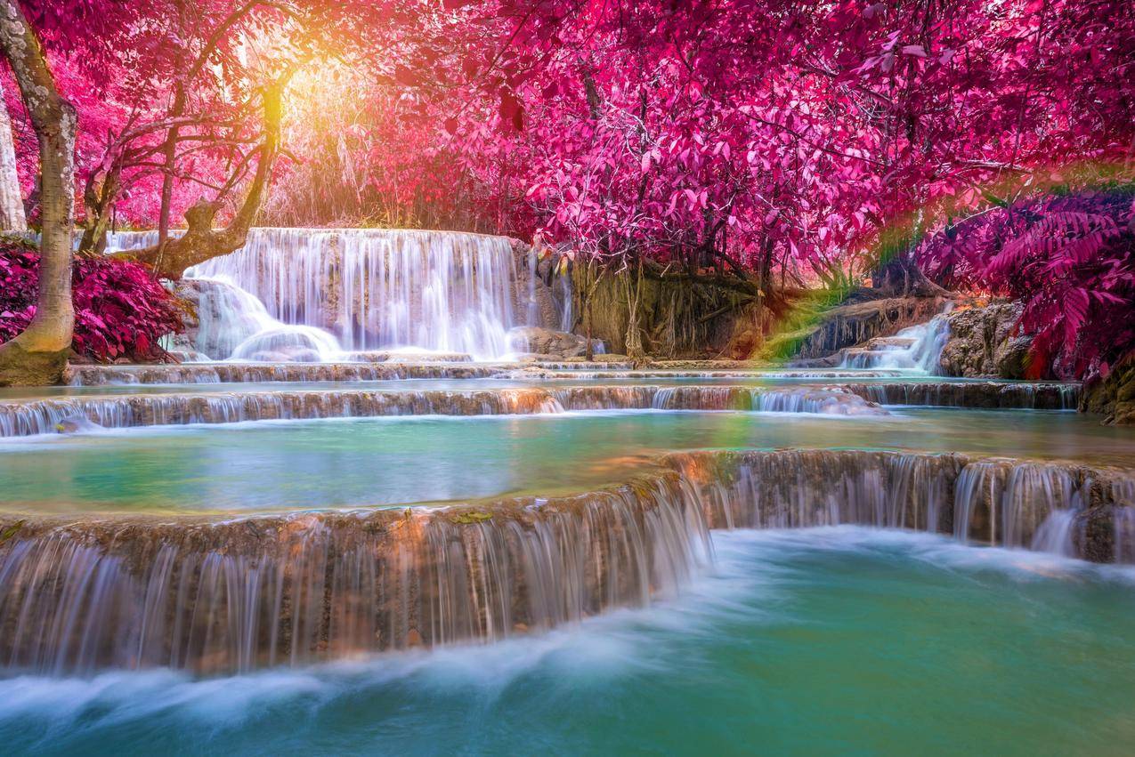瀑布,树木,秋天,Laos,彩虹,长时间曝光