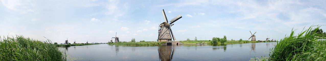 荷兰,荷兰,风车,草,水,运河,天空,Kinderdijk,全景,欧洲