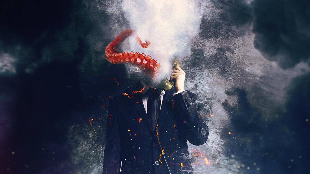 digitalart,恐怖,fantasyart,电话,触角,西装