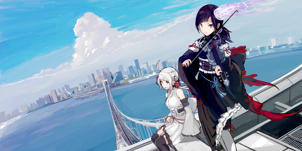动漫,animegirls,市容,musicalinstrument,小提琴,天空,桥