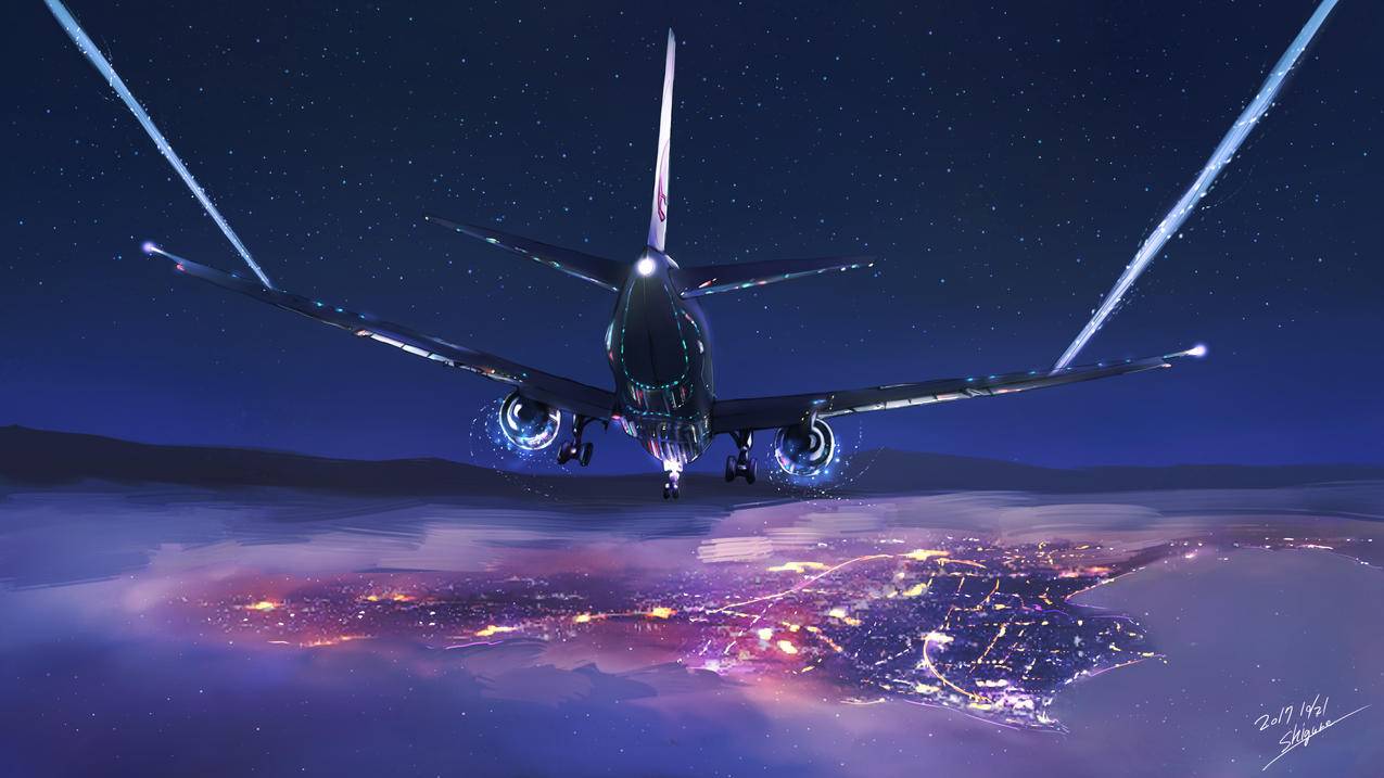 飞机,城市,云,天空,山脉,citylights,明星,晚上,绘画,digitalart,飞机,空中客车公司,AirbusA350
