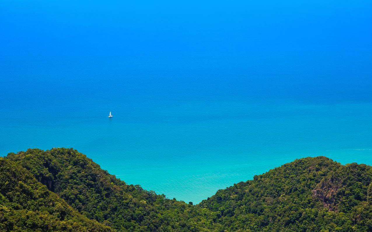 自然,景观,海洋,树木,森林,丘陵,帆船,船,Langkawi,马来西亚