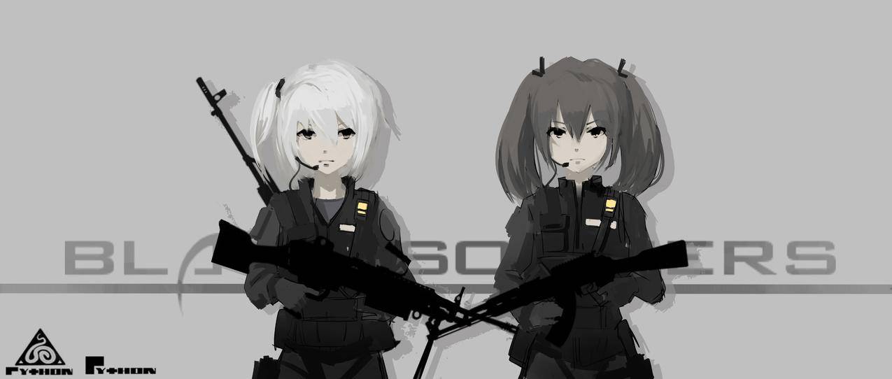 短毛猫,白发,灰发,黑兵,动画,动漫,武器,枪,制服