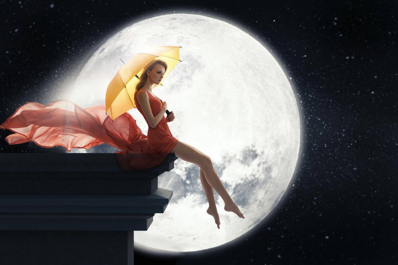 女人,赤脚,Moon,雨伞