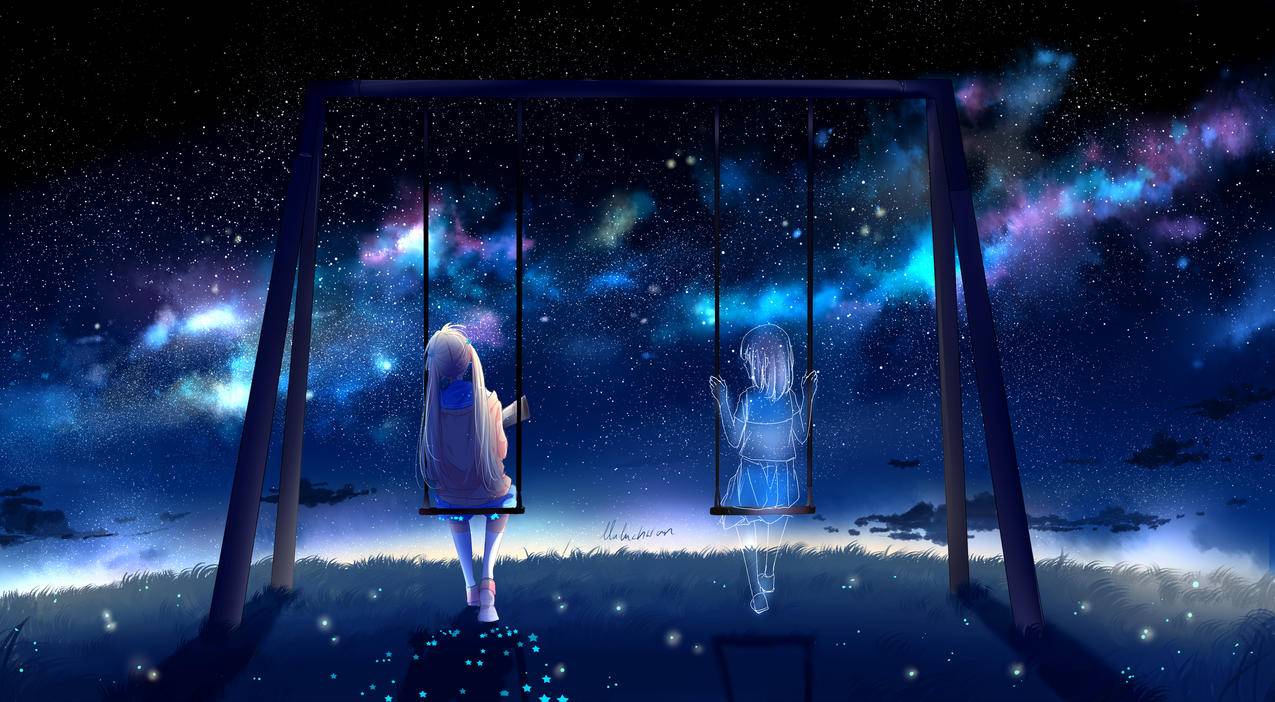 坐,animegirls,天空,星星,秋千