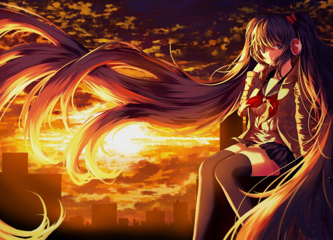 动漫,动漫,HatsuneMiku,声母,日落,双尾,大腿高处