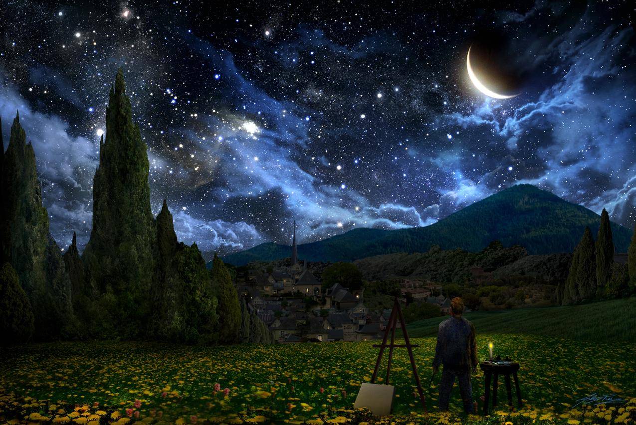VincentvanGogh,画家,星光,新月,星星,风景