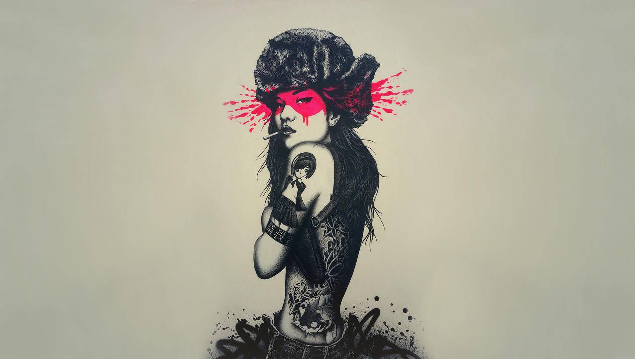美女,观看者,数码艺术,香烟,帽子,艺术品,选择着色