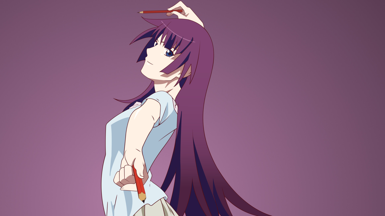 whiteskin,purplehair,darkeyes,动画,animegirls,艺术品,MonogatariSeries,蓝衣社的,SenjougaharaHitagi,purplebackground,紫色,simplebackground