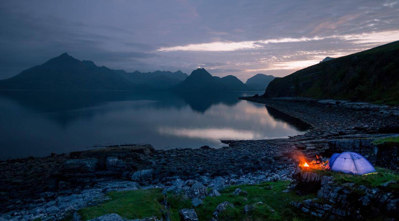 埃尔戈尔,苏格兰,露营,帐篷,海洋,自然,火,篝火,岩石,山脉,日落