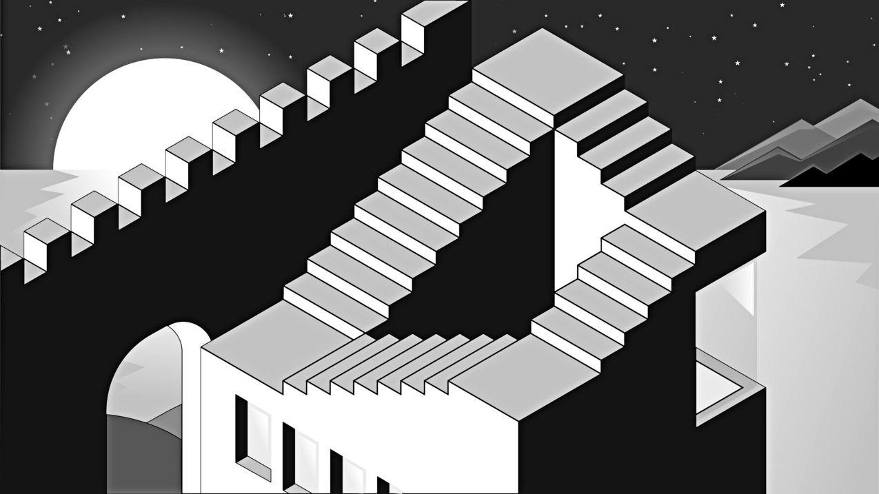 埃舍尔,矢量,风景,黑色,白色,绘画