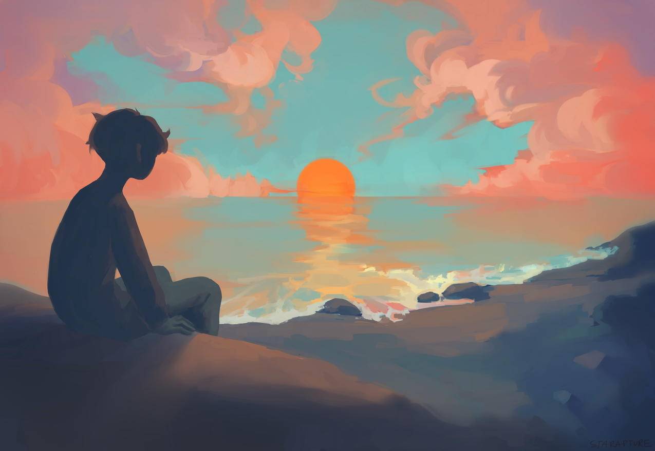 孩子,插图,景观,海洋,日落,云,太阳,绘画,digitalart