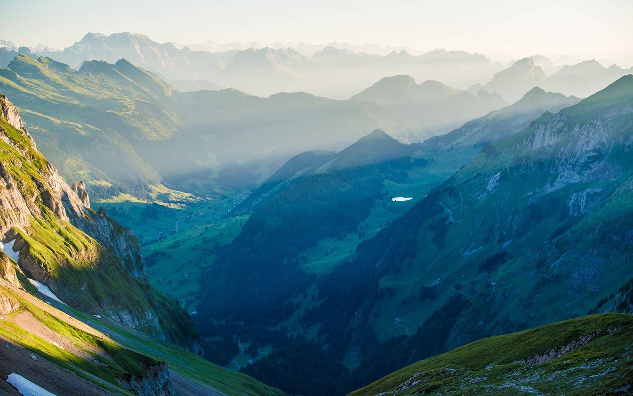 自然,景观,山脉,雾霭,瑞士,阿尔卑斯,山谷,森林,山路,阳光