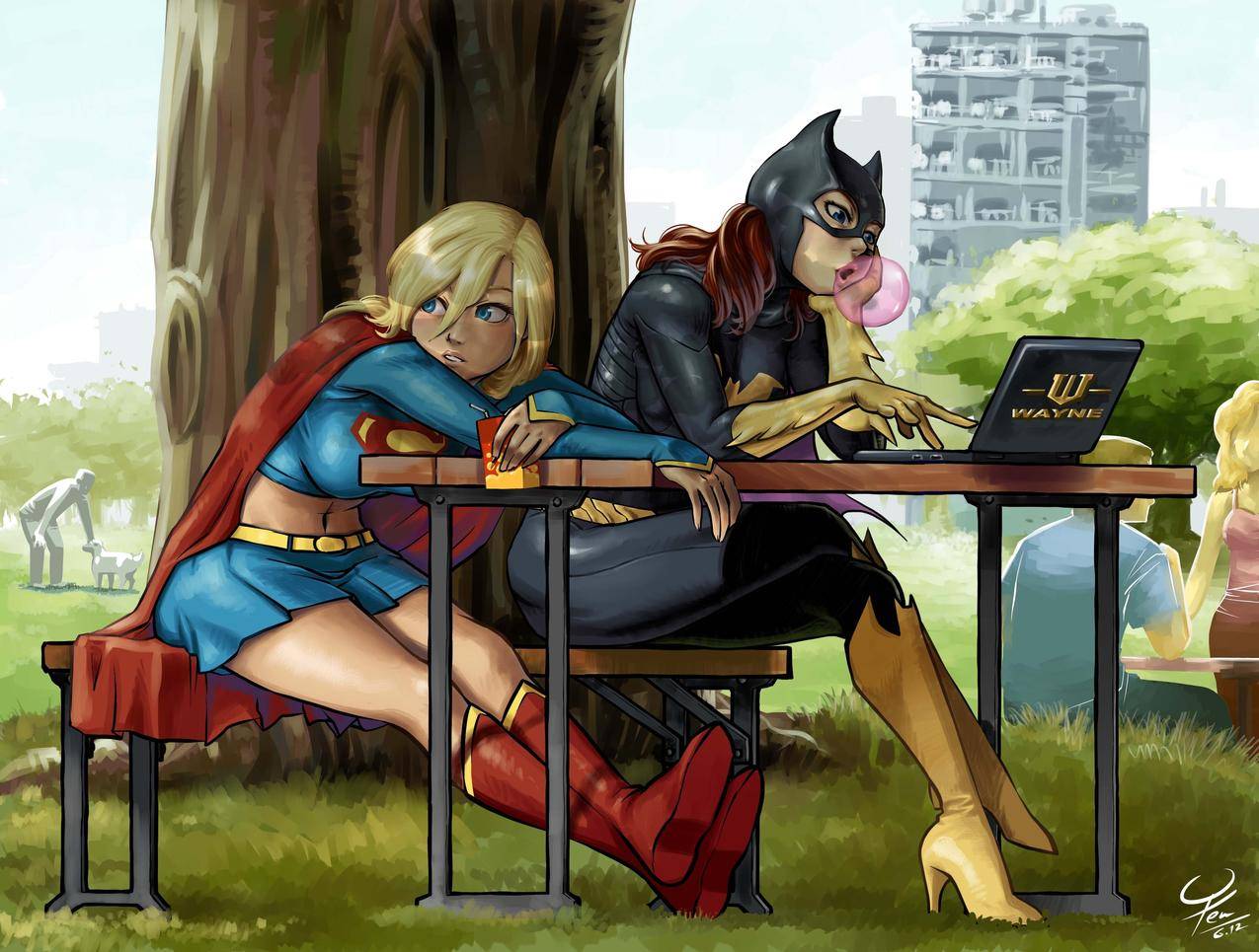 Batgirl,超级女声,DCCOMICS,卡通,艺术品,超级女主人,笔记本电脑,树,椅子,泡泡糖,国家公园,斗篷,面具,靴子