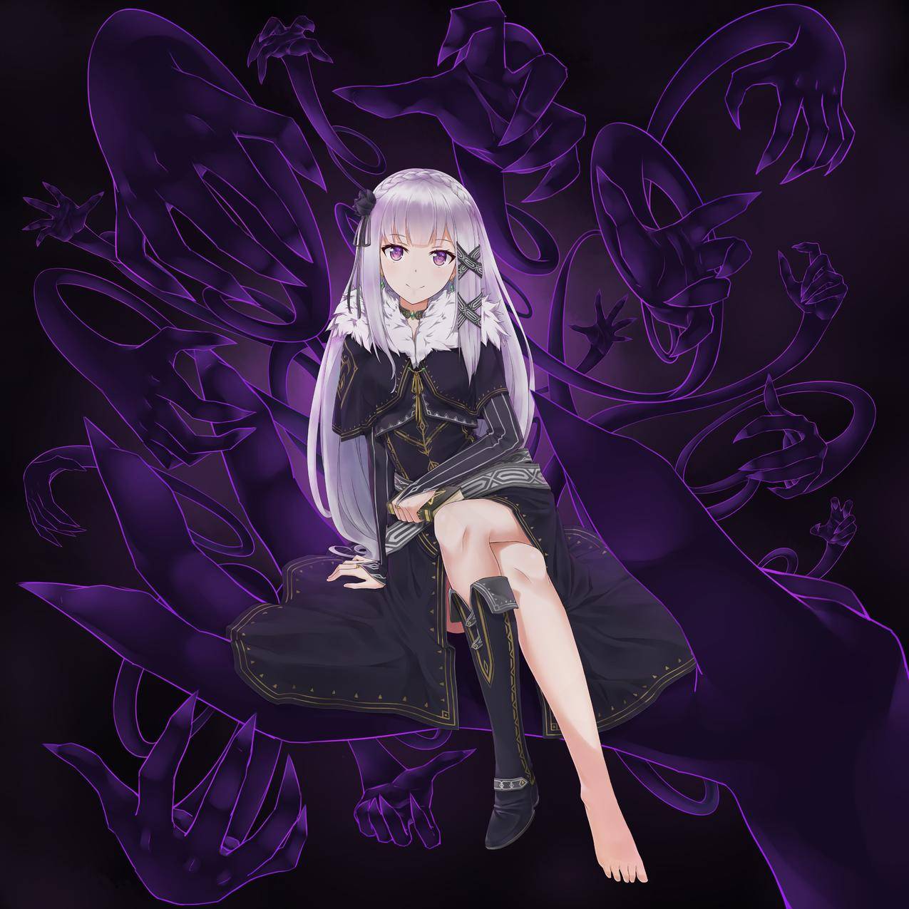 长发,紫发,紫眼,腿,动画片,动画女孩