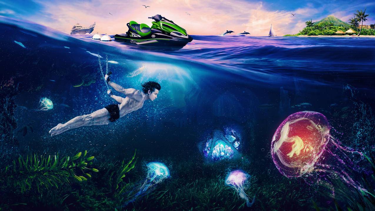水下,海滩,自然,度假,潜水,海蜇,摩托艇,数字