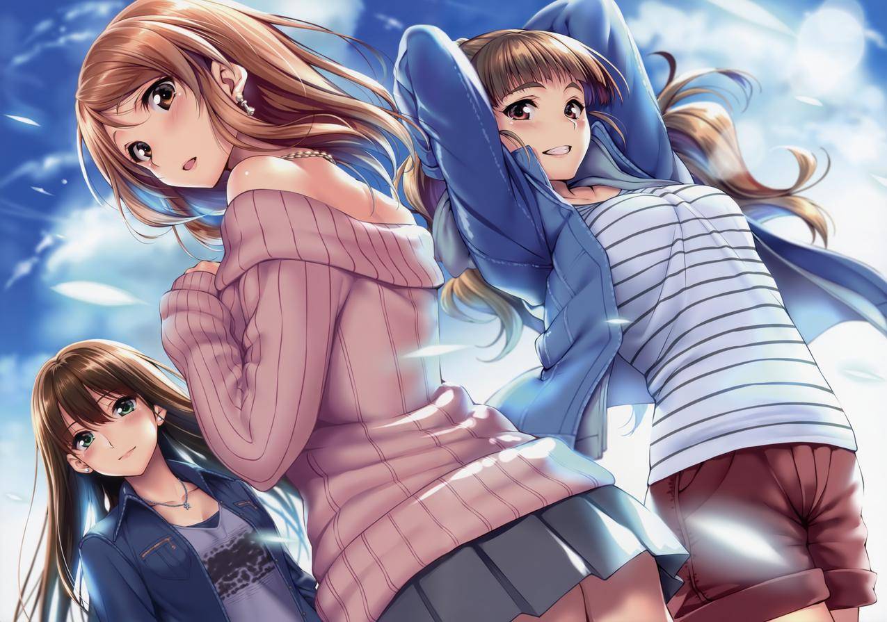 长发,深褐色,绿色,动漫,动漫,动漫女郎,后柔伦,神山瑙,ShibuyaRin,THEiDOLMSTER:灰姑娘,THEiDOLMSTER,裙子,毛衣,棕眼