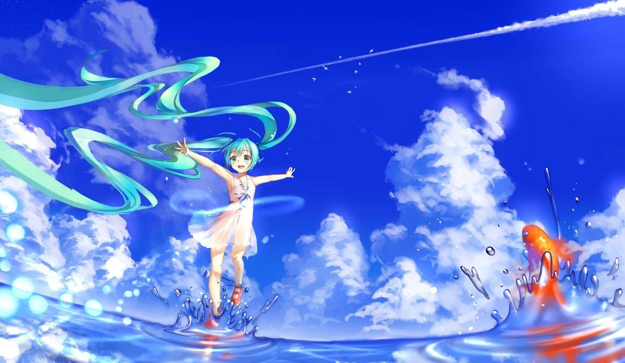 动物,声母,HatsuneMiku,双尾,云,天空,水,金鱼,鱼