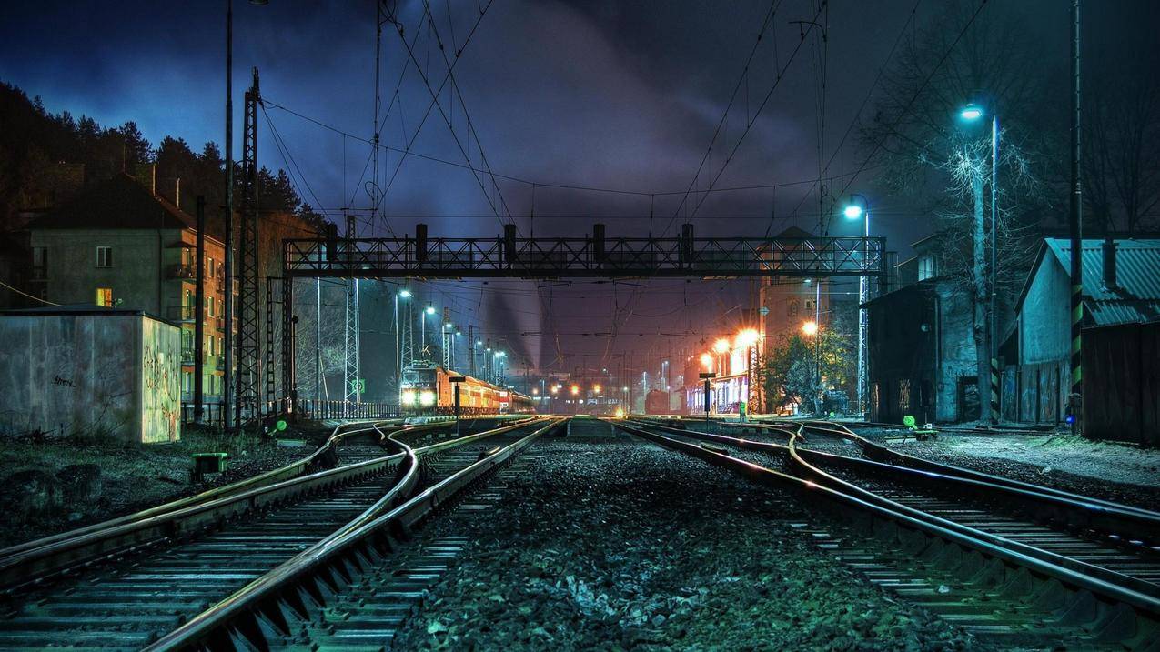 火车,火车站,夜晚,城市,交换机
