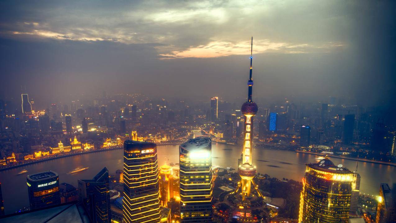 城市,上海,城市,建筑,河流,云彩,灯光
