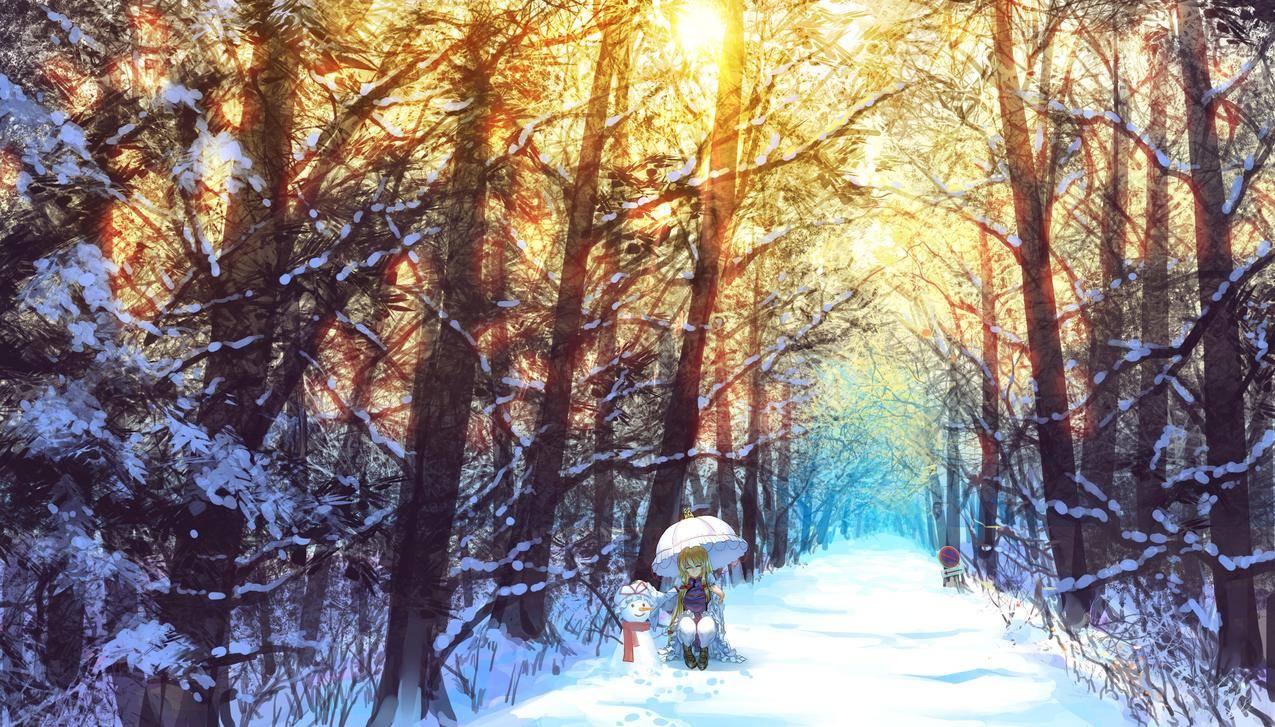 YakumoYukari,Touhou,雪,冬天,伞,树,动漫,动漫