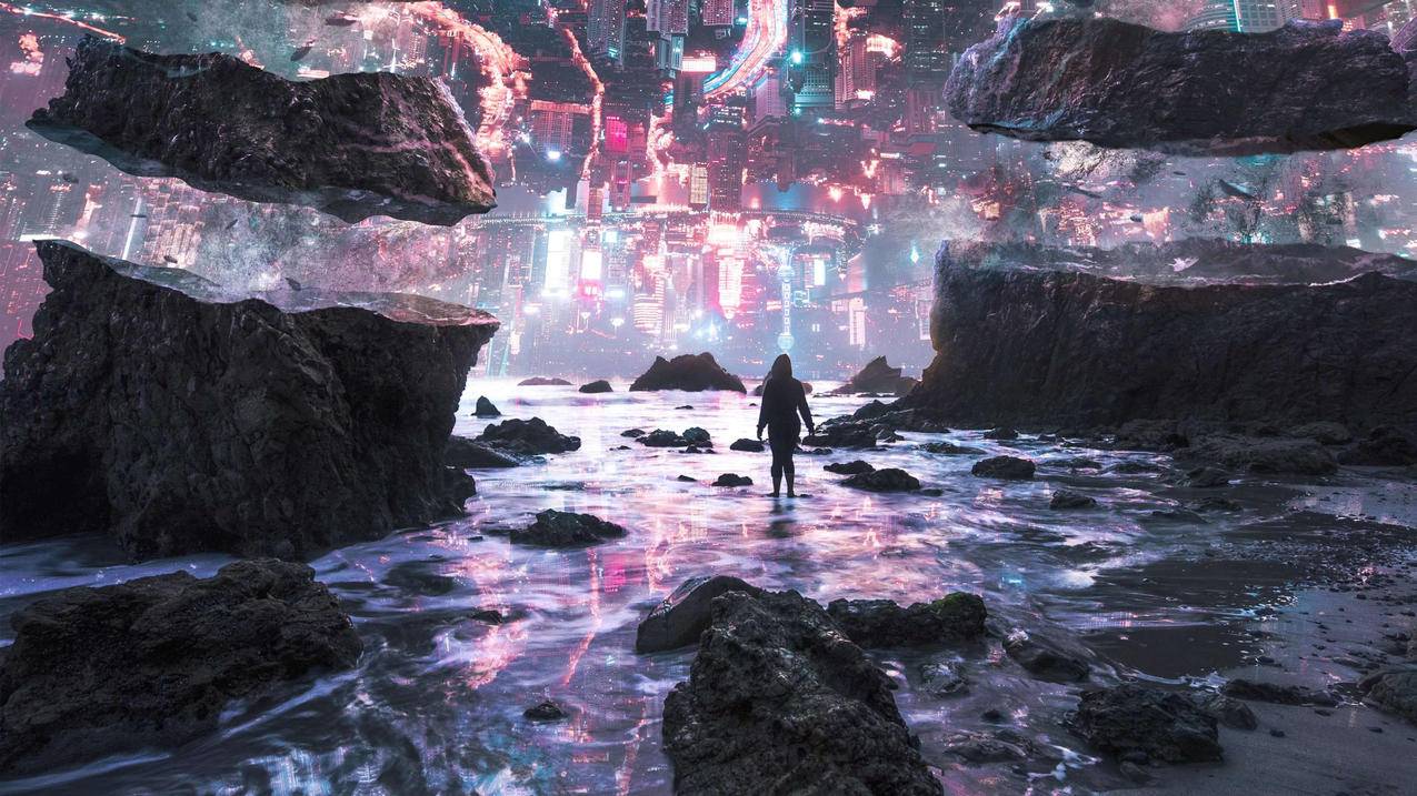 妇女,digitalart,城市,岩石,海,fantasyart,摇滚,倒置,超现实主义