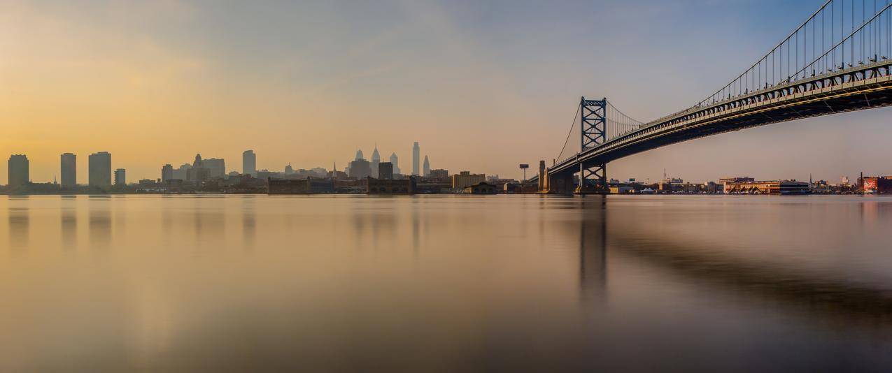 城市,桥梁,早晨,反射,费城