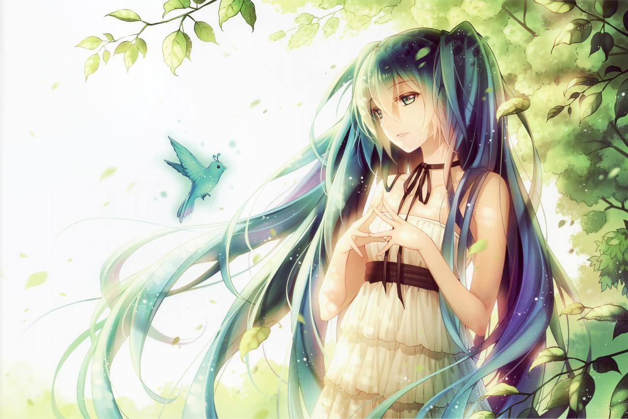 长头发,类声母,HatsuneMiku,动物,绿色,双尾,鸟,缎带,树,花瓣,动漫,幻想女孩