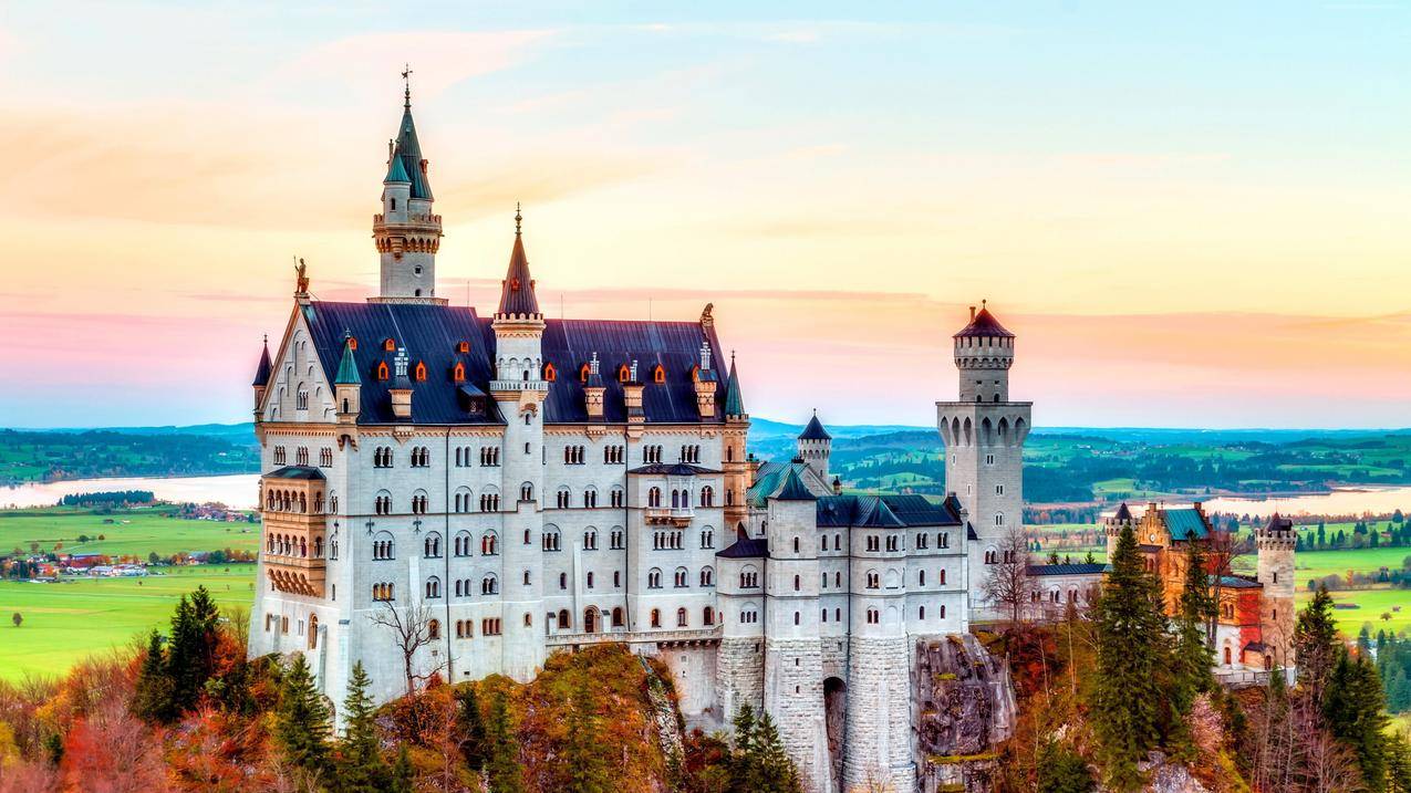 城堡,景观,NeuChunthistCalsle,多彩,自然,建筑,德国,欧洲,秋天