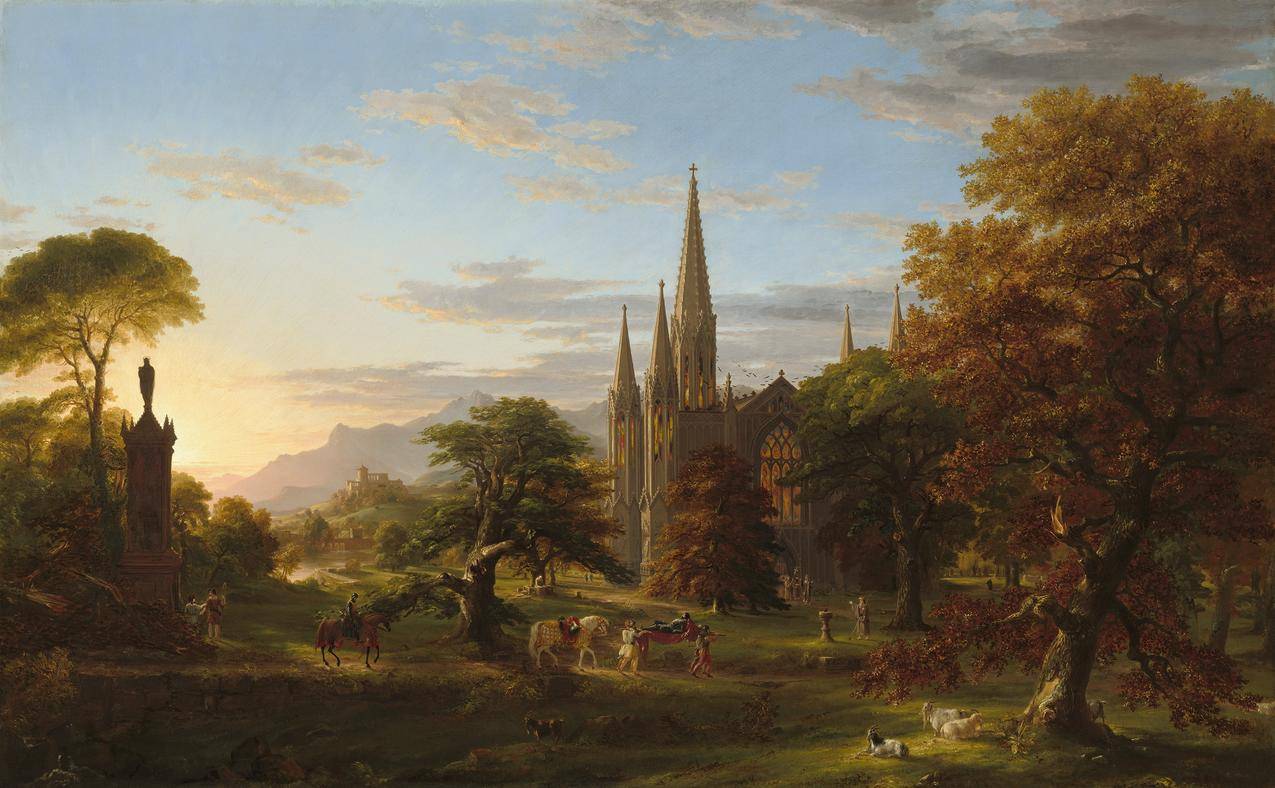 ThomasCole,骑士,自然,风景,绘画,艺术品,树木,森林,云彩,教堂,马,塔