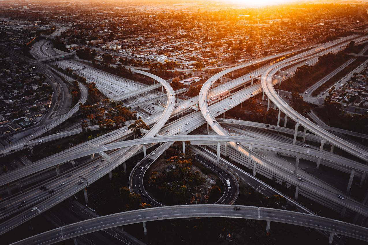 洛杉矶,公路,城市,日落,航空,汽车,沥青,dronephoto,交通,城市景观,道路,街道