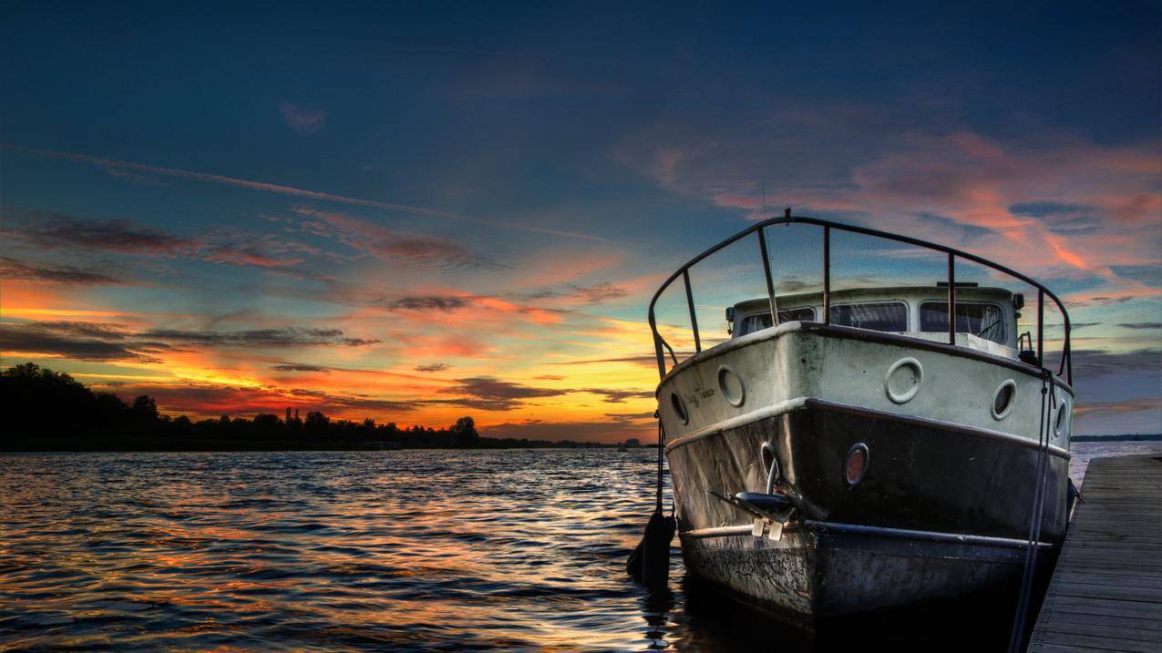 日落,船,HDR,湖泊