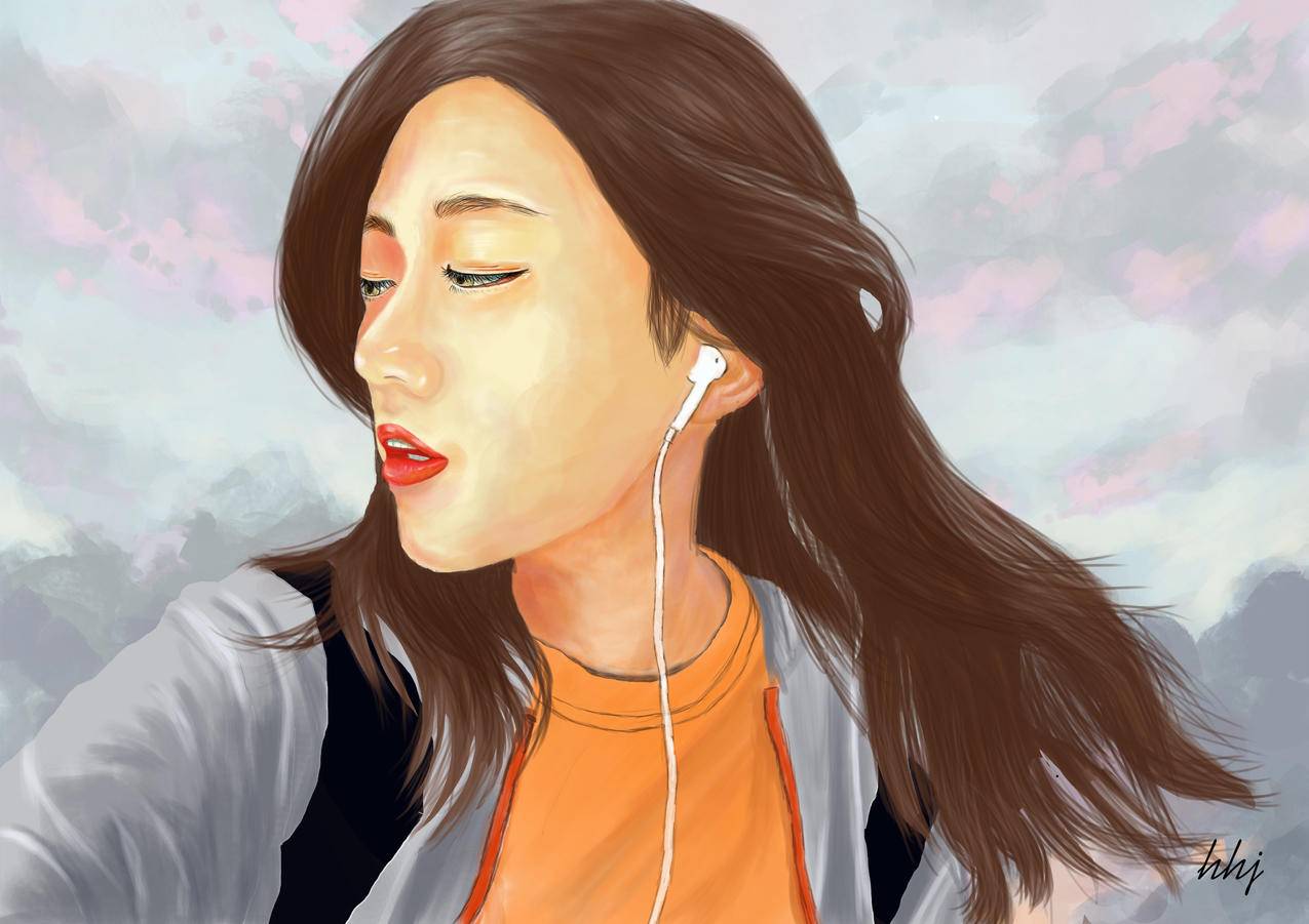 亚洲,妇女,脸,黑发,长毛,艺术品,redlipstick