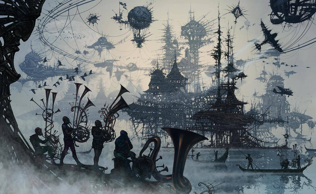 艺术品,蒸汽朋克,musicalinstrument,fantasycity