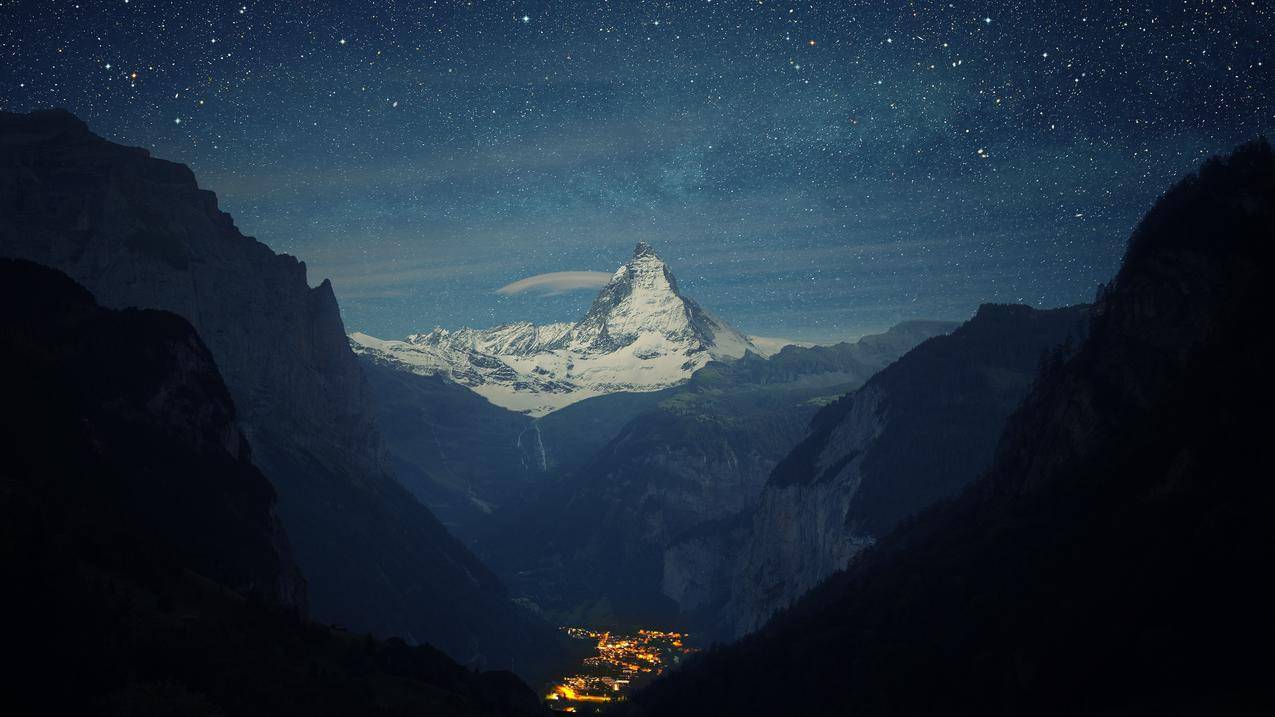 雪,冬,光,夜,星,景,山,城,空,马特峰,天,谷,瑞士,云,自然