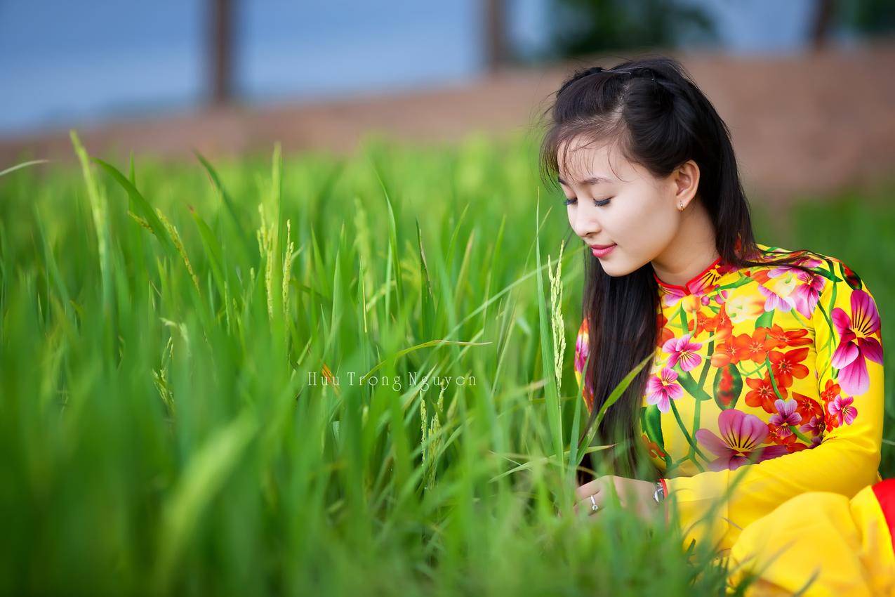 亚洲,女性,黑发,CoueleDes,长毛,越南,肖像,黑发,草