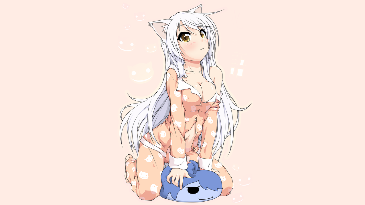 whiteskin,catgirl,whitehair,clevage,动漫,animegirls,simplebackground,粉红色,NekoHanekawa,同人画,MonogatariSeries,HanekawaTsubasa