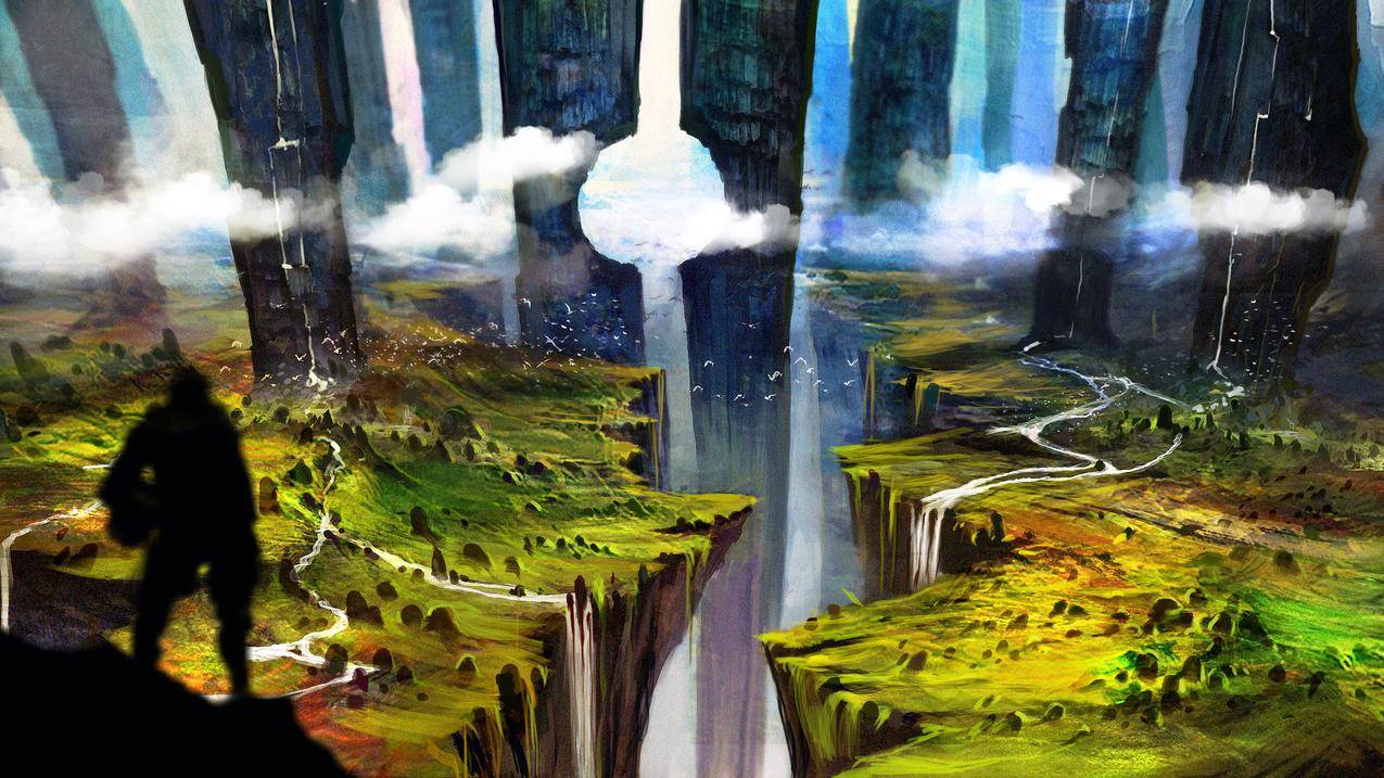 骑士,ravine,水,柱,云,山