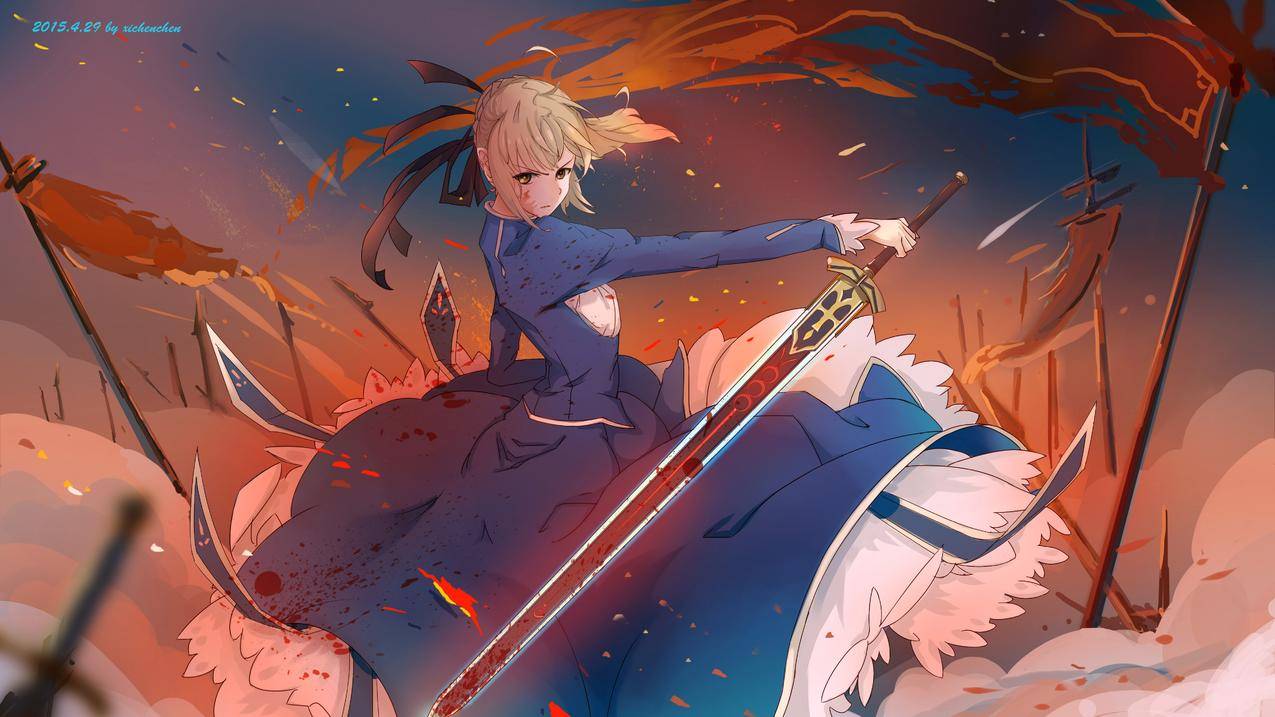 短毛猫,金发碧眼,动漫,动漫,命运/夜,Saber,血,衣服,剑,武器