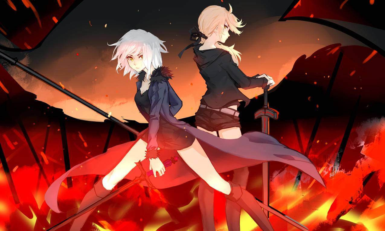 白发,珍妮ALTER命运/大序,ArtoriaPendragon,复仇者命运/大典,SaberAlter,命运,命运/大订单,火,剑,矛,动漫,金发,黄眼睛,视频游戏
