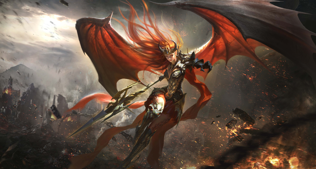 妇女,lookingatviewer,大腿,红发,digitalart,艺术品,视频游戏,翅膀,LeagueofAngels,盔甲,龙翼,销毁