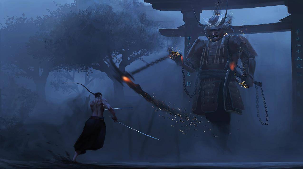 男人,战士,马尾辫,PaulNong,武士,盔甲,武士刀,环境,冲突,艺术品,digitalart,绘画,digitalpainting,插图,fantasyart,雾,牌坊,树木,2D,火
