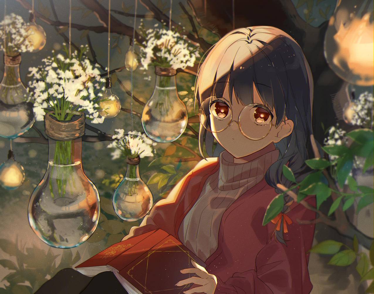 动漫,animegirls,灯,眼镜,鲜花,书籍