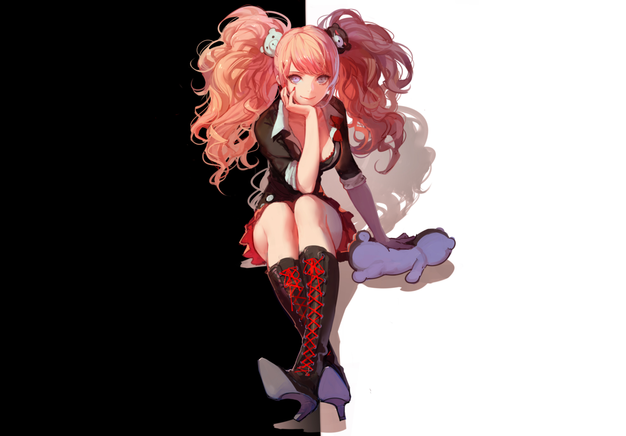 平毛,Danganronpa,动漫,动漫,EnoshimaJunko,Monobear,黑色,白色,泰迪熊